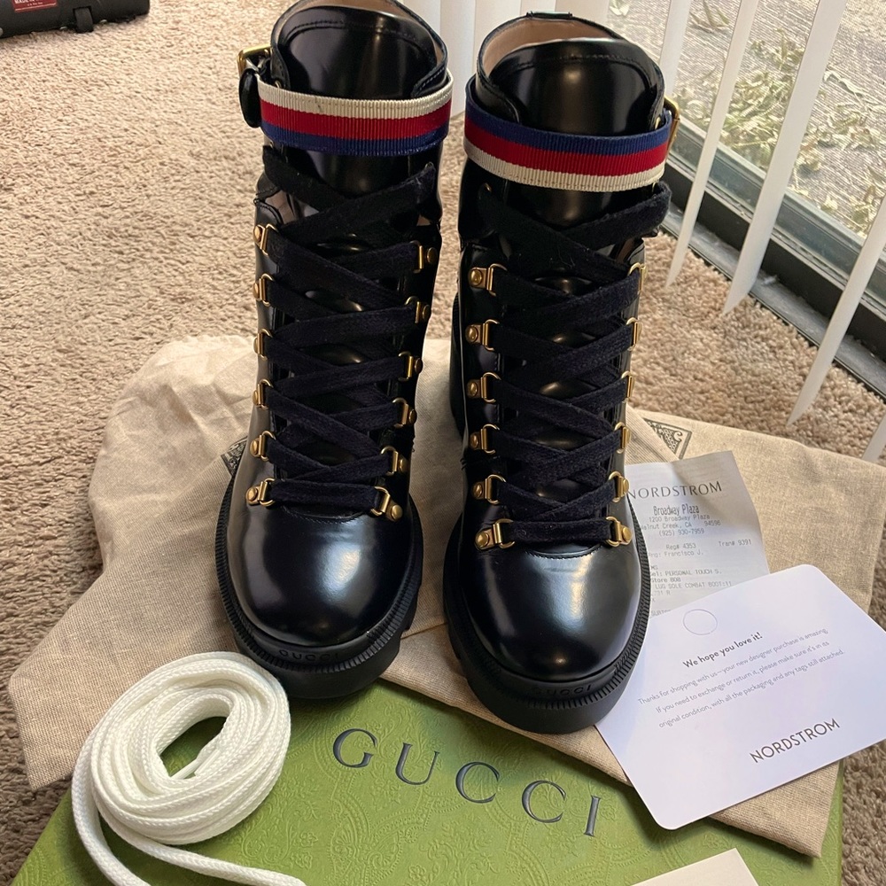 Gucci Leather combat ankle boot with Sylvie Web